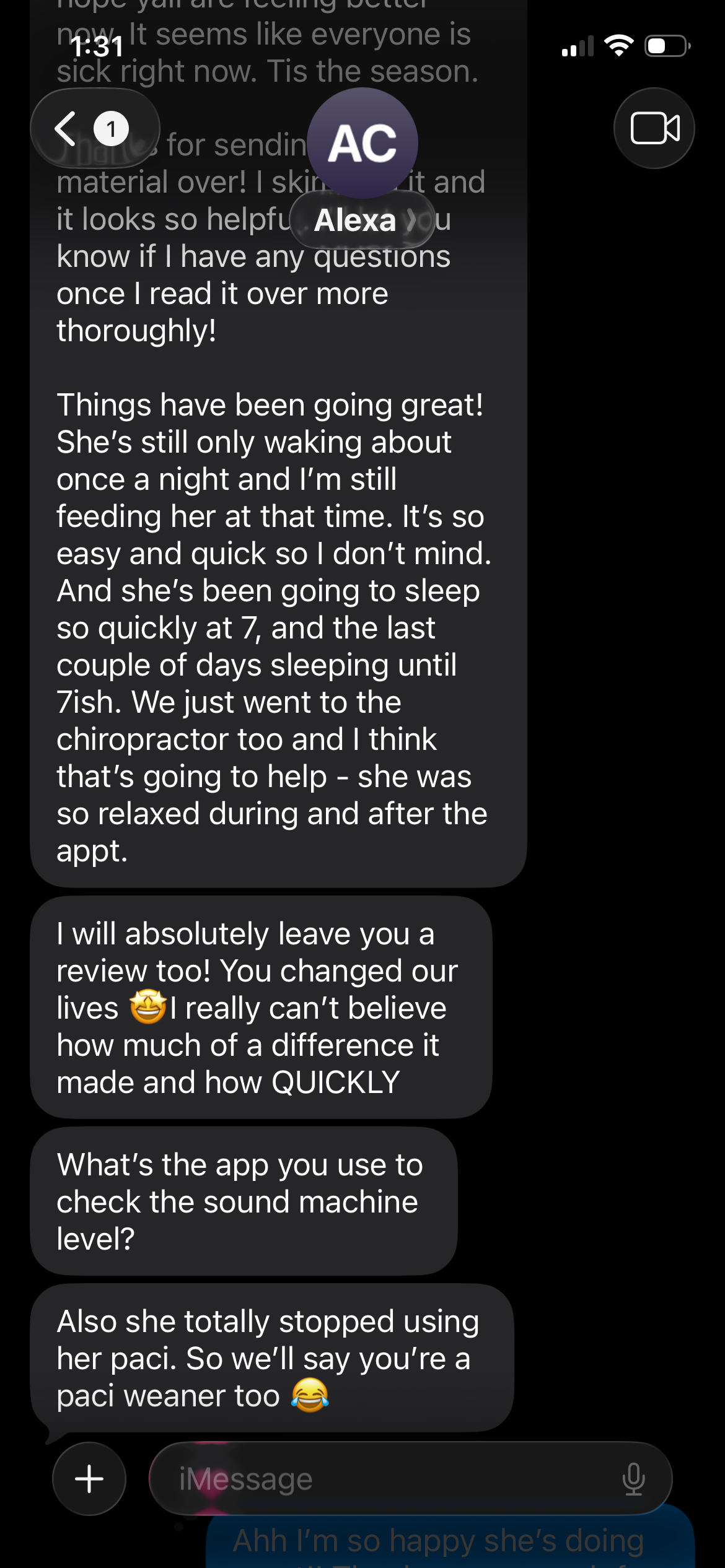 Text message screenshot from Alexa saying things have been going great, her daughter falls asleep quickly, and she'll absolutely be leaving a review