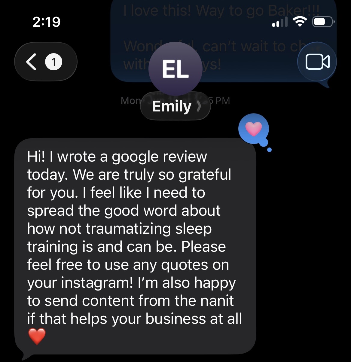 Text message screenshot from Emily saying she left a Google review and wants to spread the word about how gentle sleep training can be