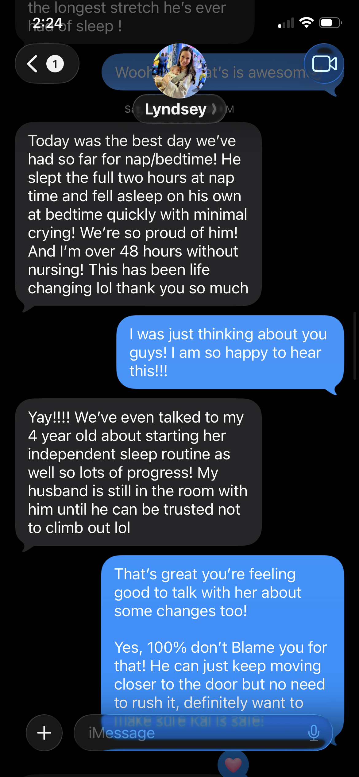 Text message screenshot from Lyndsey celebrating her son's best nap and bedtime day yet, and going over 48 hours without nursing him to sleep
